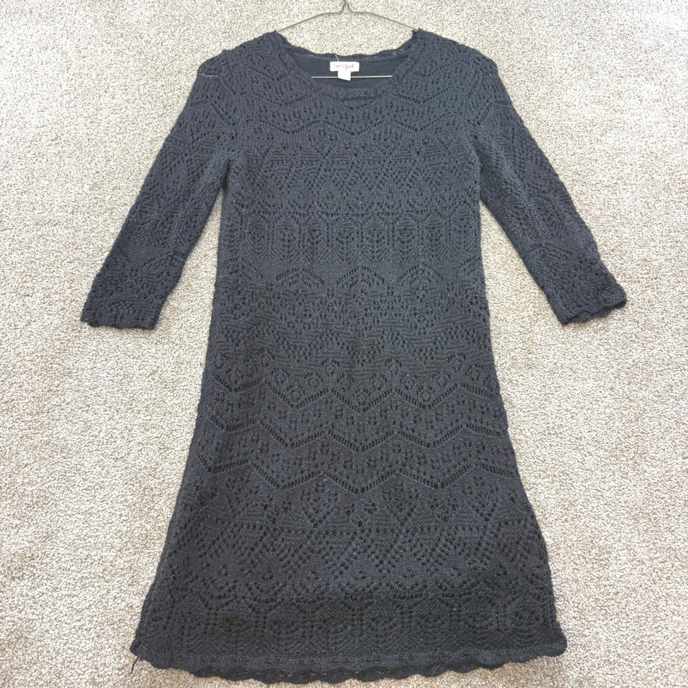 Cat & Jack Girls Black Shimmer Knit Sweater Dress L 10/12 Sparkle Crochet Winter